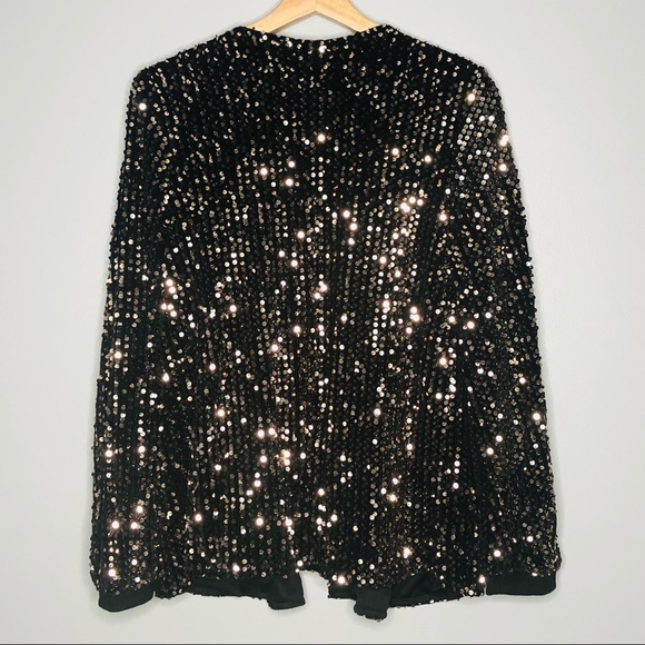 Women's Gold Sequin Black Jacket Loose fitted No buttons Long Sleeves - Picture 2 of 7